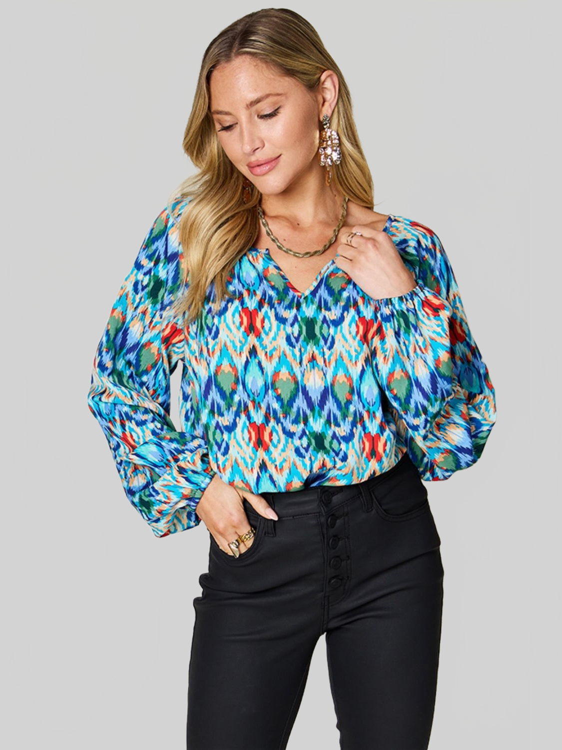 Women Double Take Full Size Printed Balloon Sleeve Blouse NicholesGifts