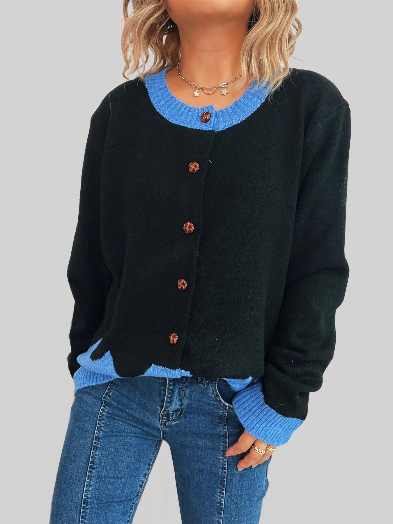 Button-Front Contrast Trim Cardigan nicholesgifts