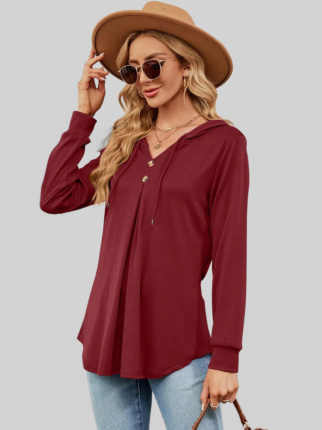 Decorative Button Drawstring Long Sleeve Hoodie NicholesGifts