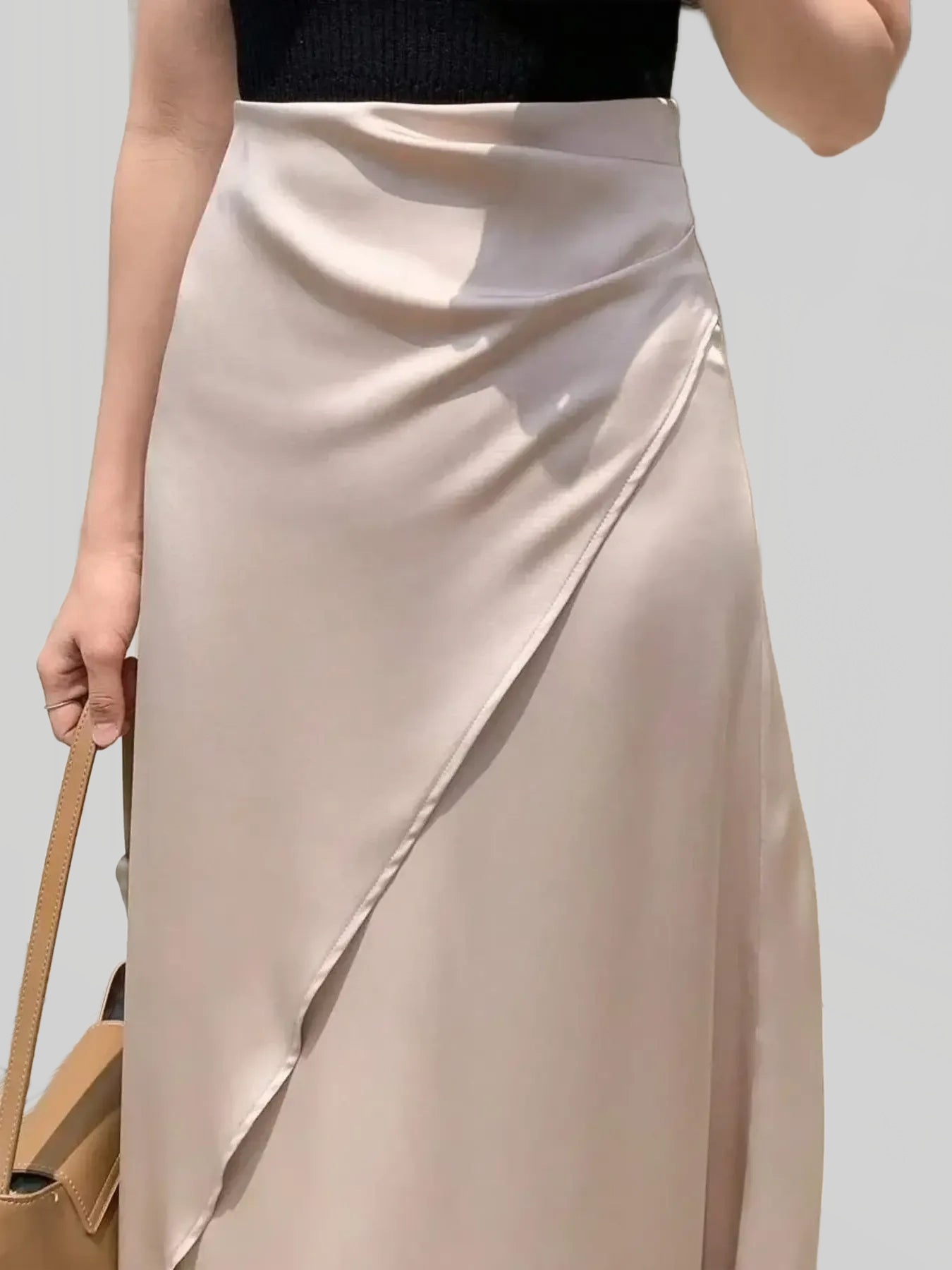 Asymmetric Wrap Midi Skirt with Fluted Hem nicholesgifts
