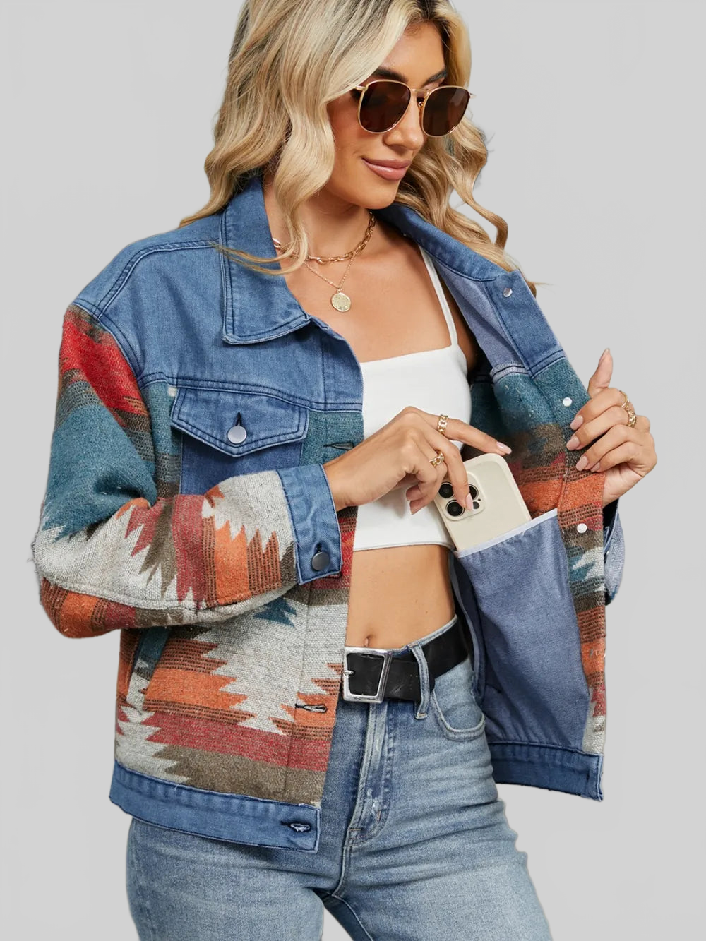 Geometric Button Up Long Sleeve Denim Jacket nicholesgifts