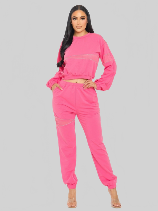 Women Terry Mesh & Rhinestone Detail Set nicholesgifts