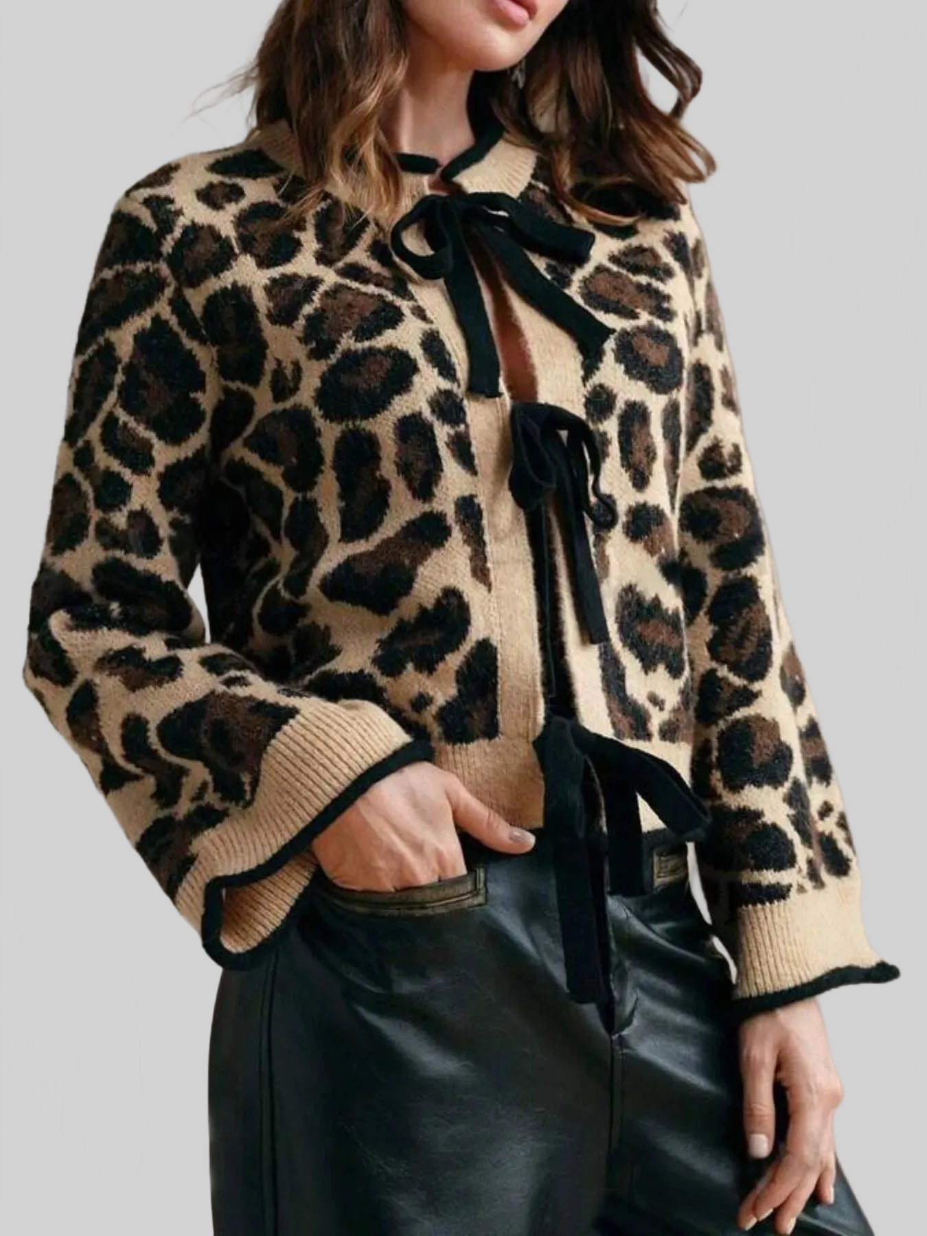 Women Leopard Print Bow-Tie Front Cropped Cardigan Sweaters NicholesGifts