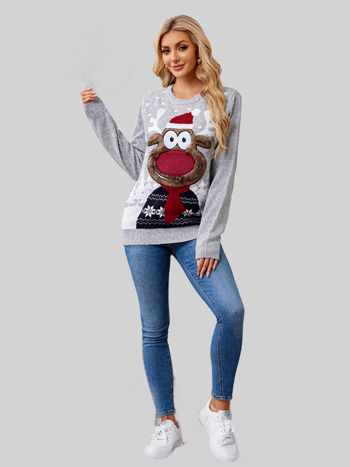 Women Reindeer Round Neck Long Sleeve Christmas Sweater nicholesgifts