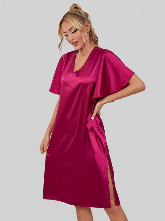 Satin Flutter Sleeve Side Slit V-Neck Night Dress Trendsi