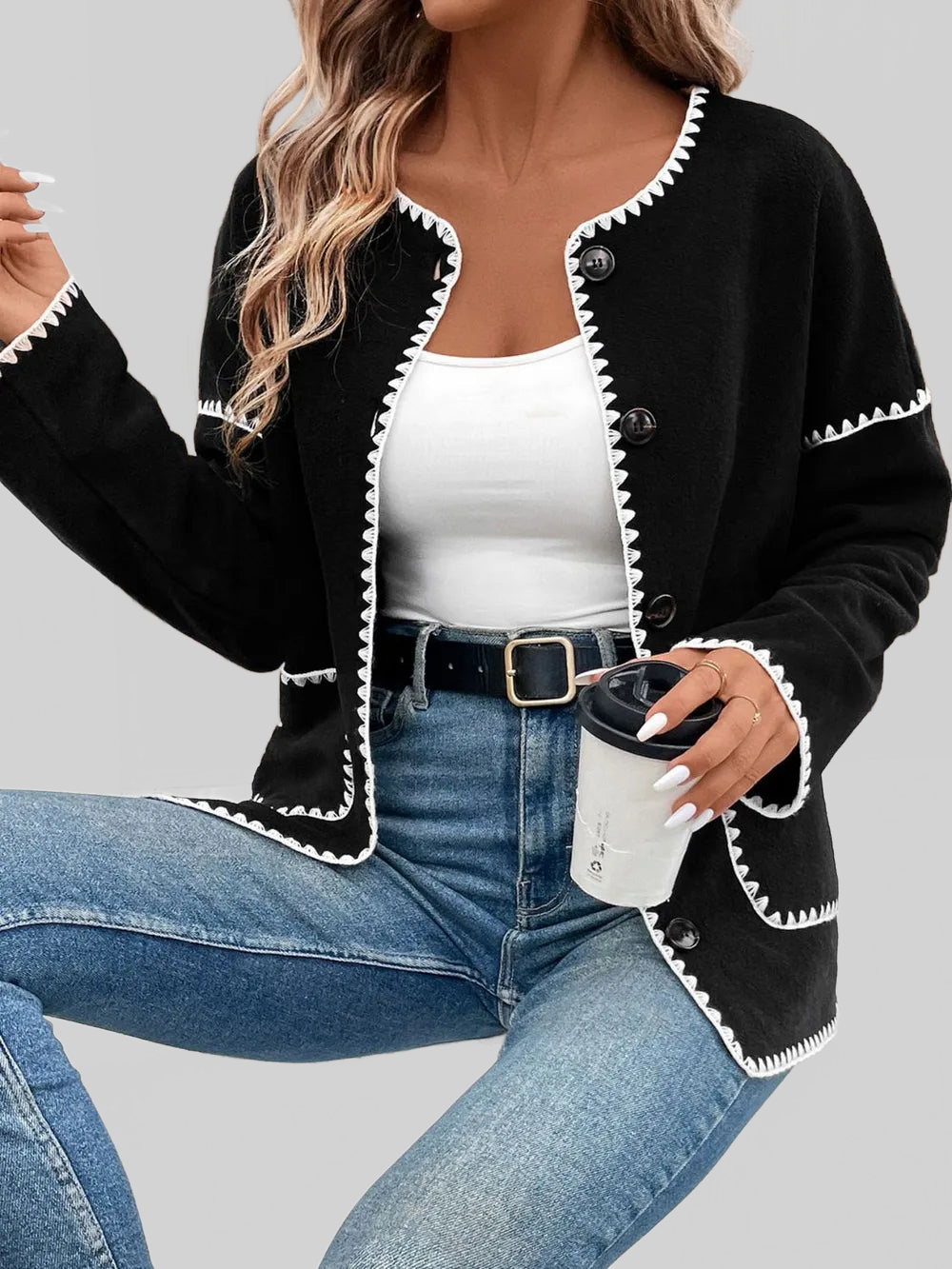 Perfee Pocketed Contrast Button Up Jacket nicholesgifts