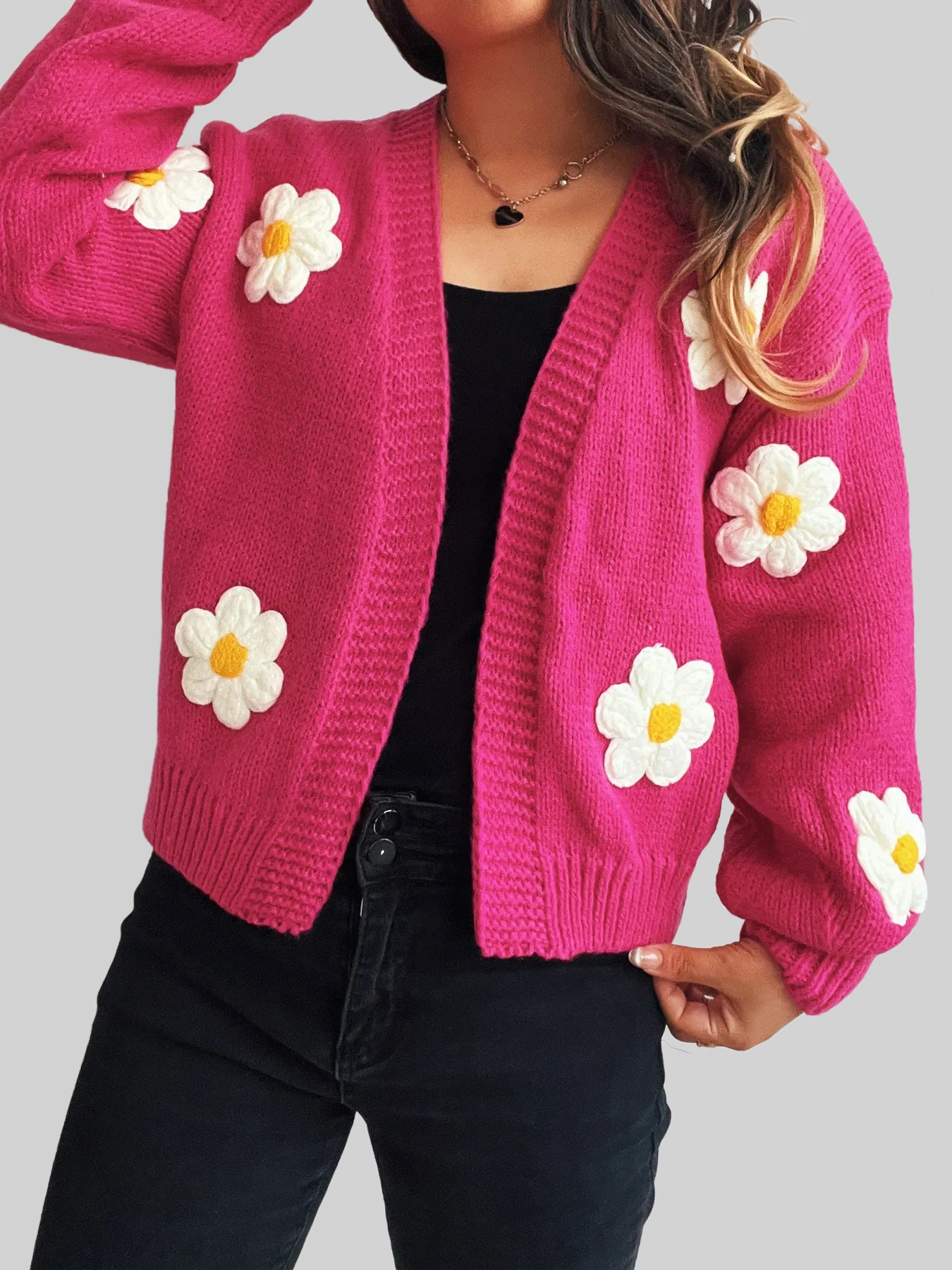 Flower Open Front Long Sleeve Cardigan nicholesgifts