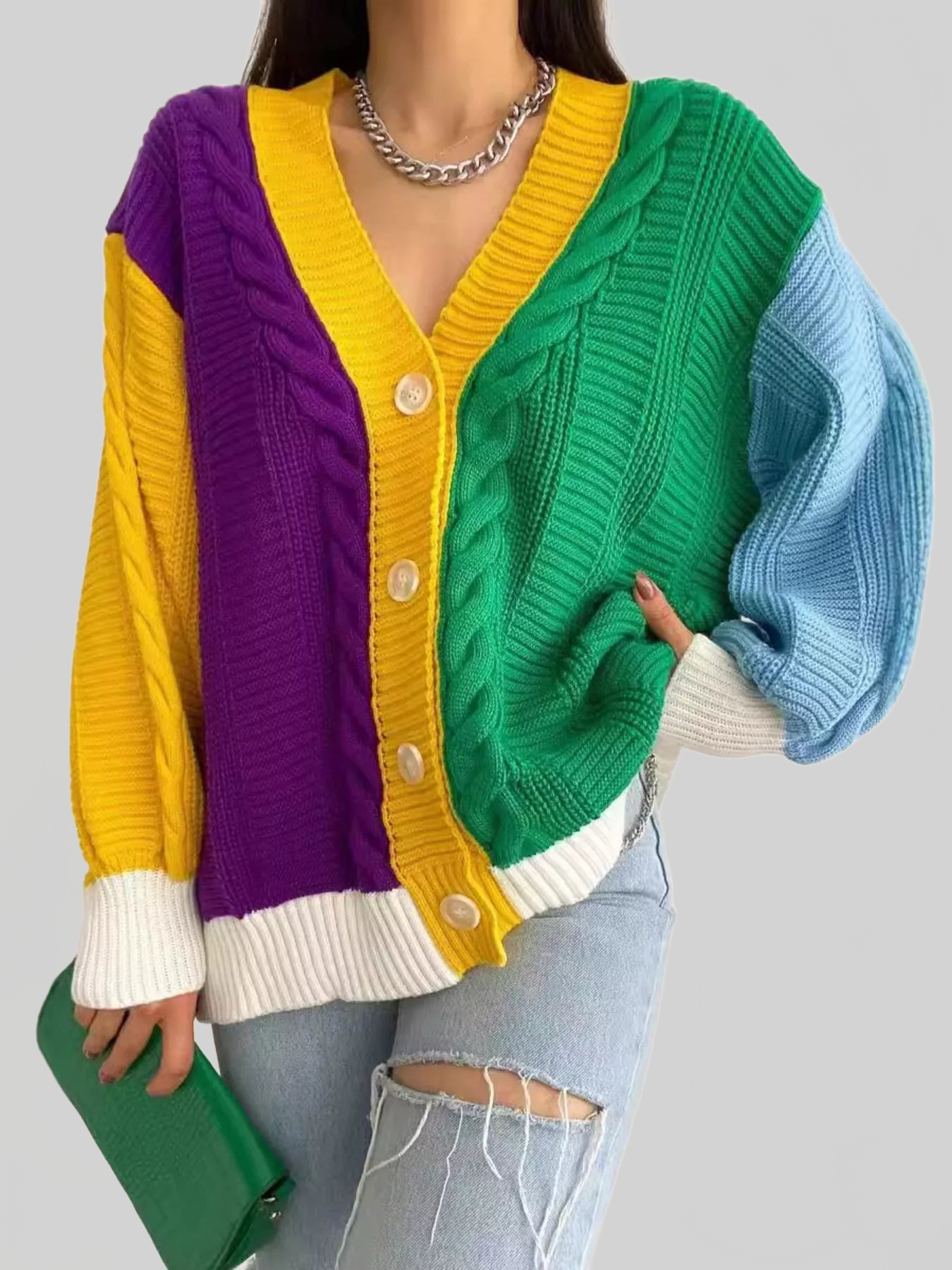 Color Block Button Down Cable-Knit Cardigan Sweater NicholesGifts