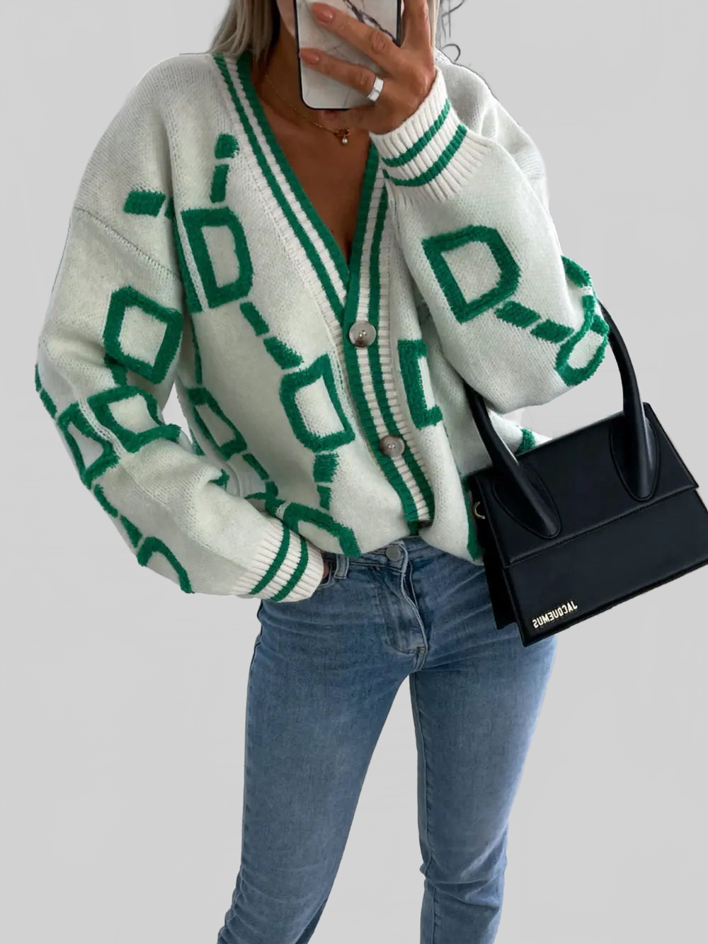 Women Geometric Dropped Shoulder Button Down Cardigan nicholesgifts