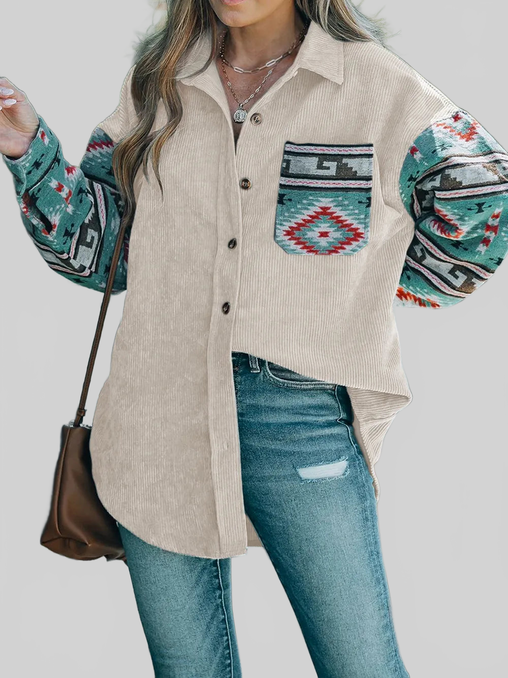 Perfee Pocketed Geometric Collared Neck Shacket nicholesgifts