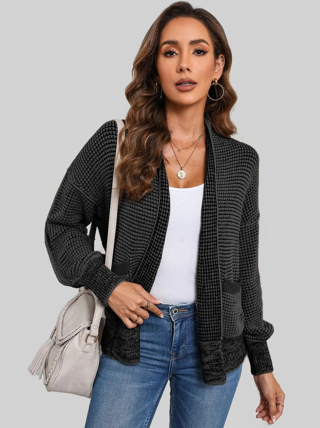Women Waffle-knit Pocketed Open Front Cardigan nicholesgifts