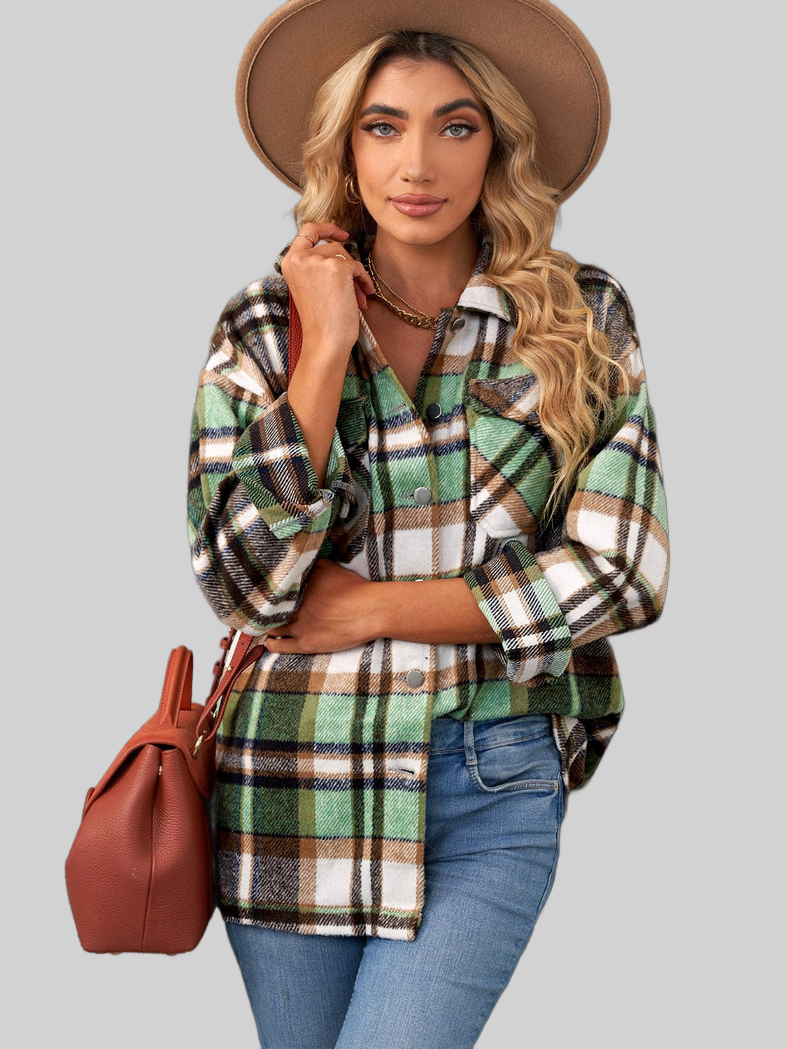 Women Plaid Pocketed Button Down Shacket NicholesGifts