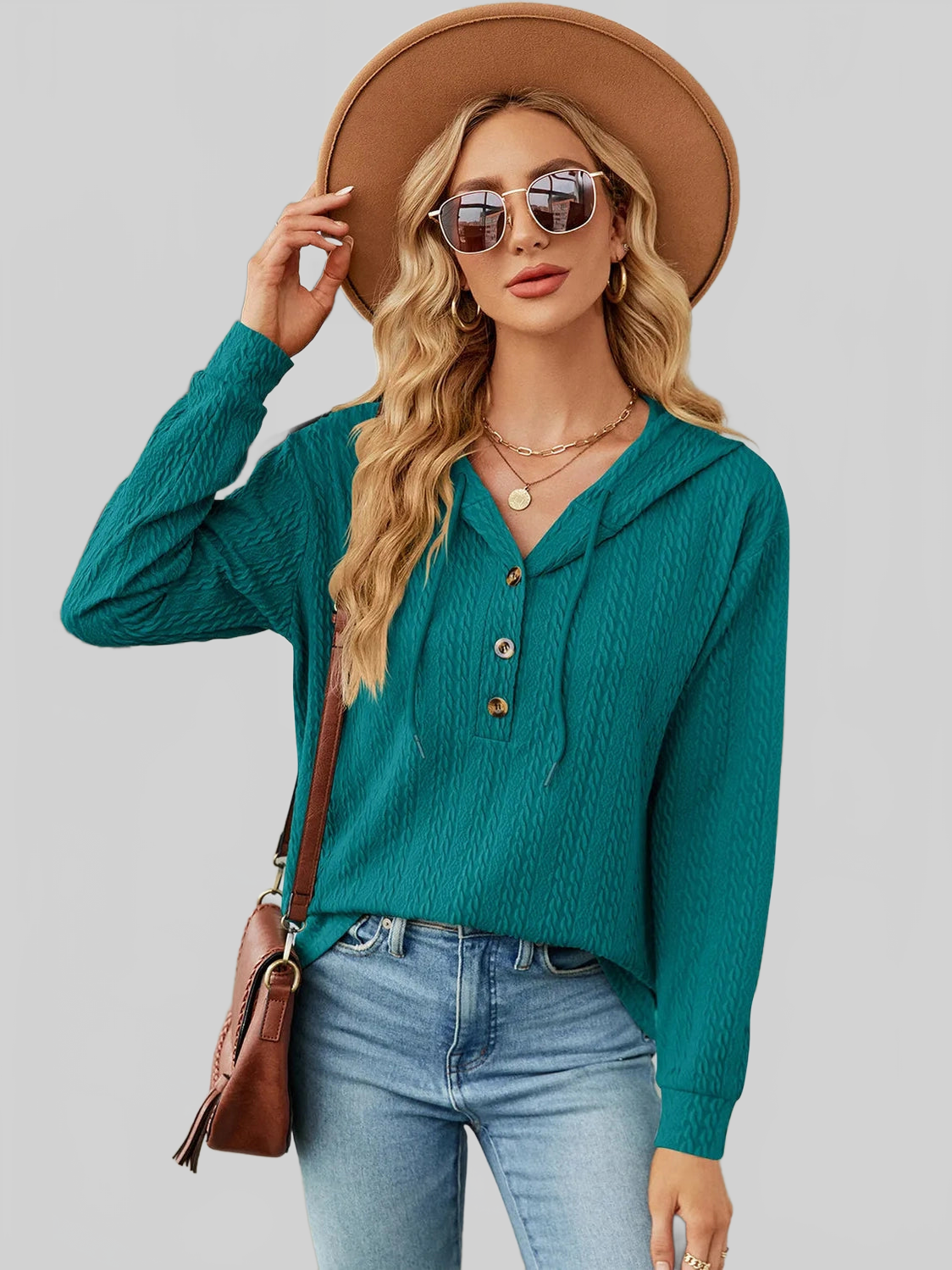 Drawstring Half Button Long Sleeve Hoodie nicholesgifts