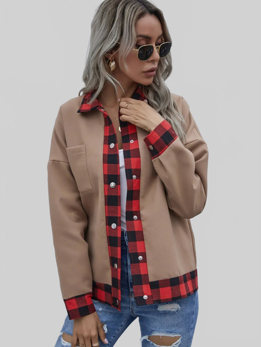 Plaid Trim Long Sleeve Jacket nicholesgifts