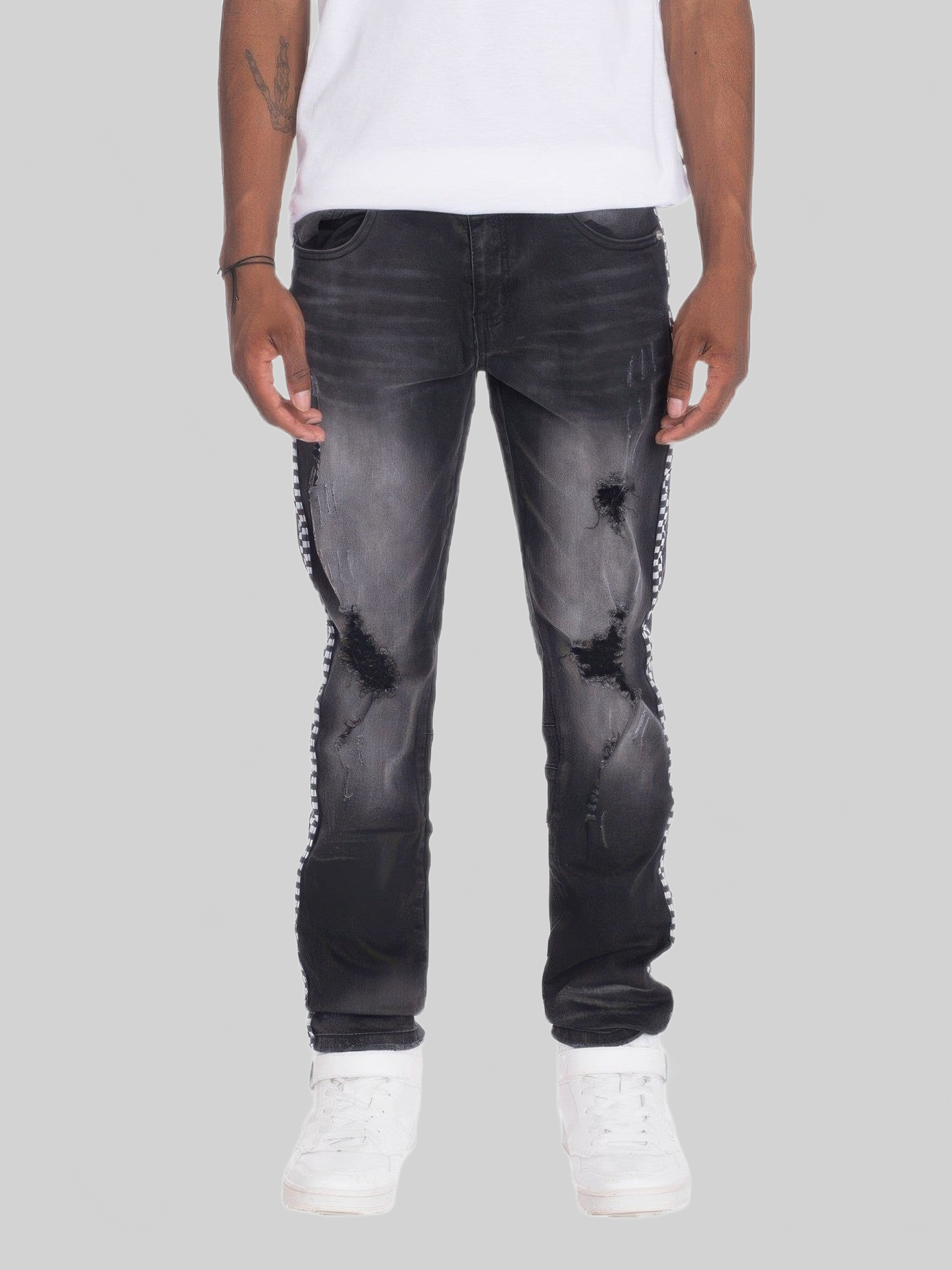 Men Distressed Denim Checkered Tape Jeans nicholesgifts