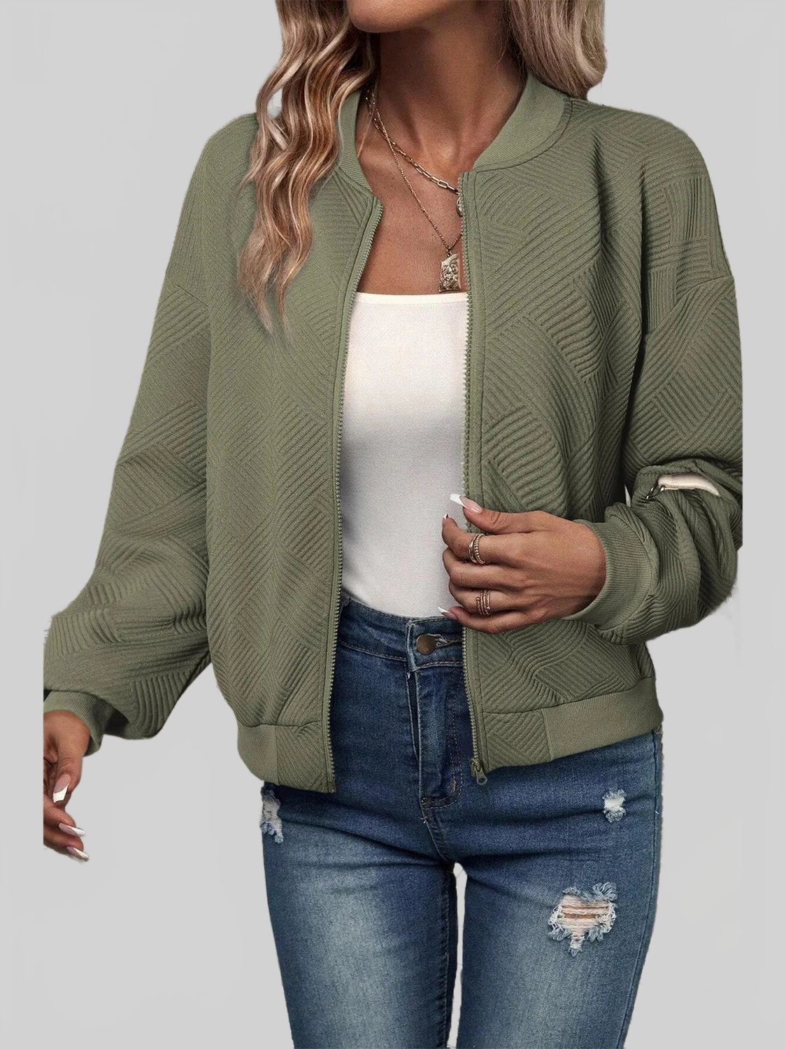 Textured Zip Up Baseball Collar Jacket nicholesgifts