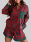 Plaid Contrast Patched Christmas Holiday Long Sleeve Shirt and Short 2pcs Pajama Set nicholesgifts