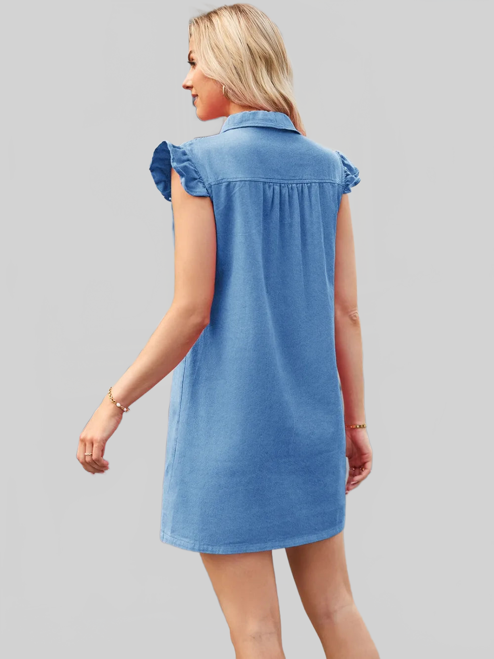 Ruffled Button Up Cap Sleeve Denim Dress nicholesgifts