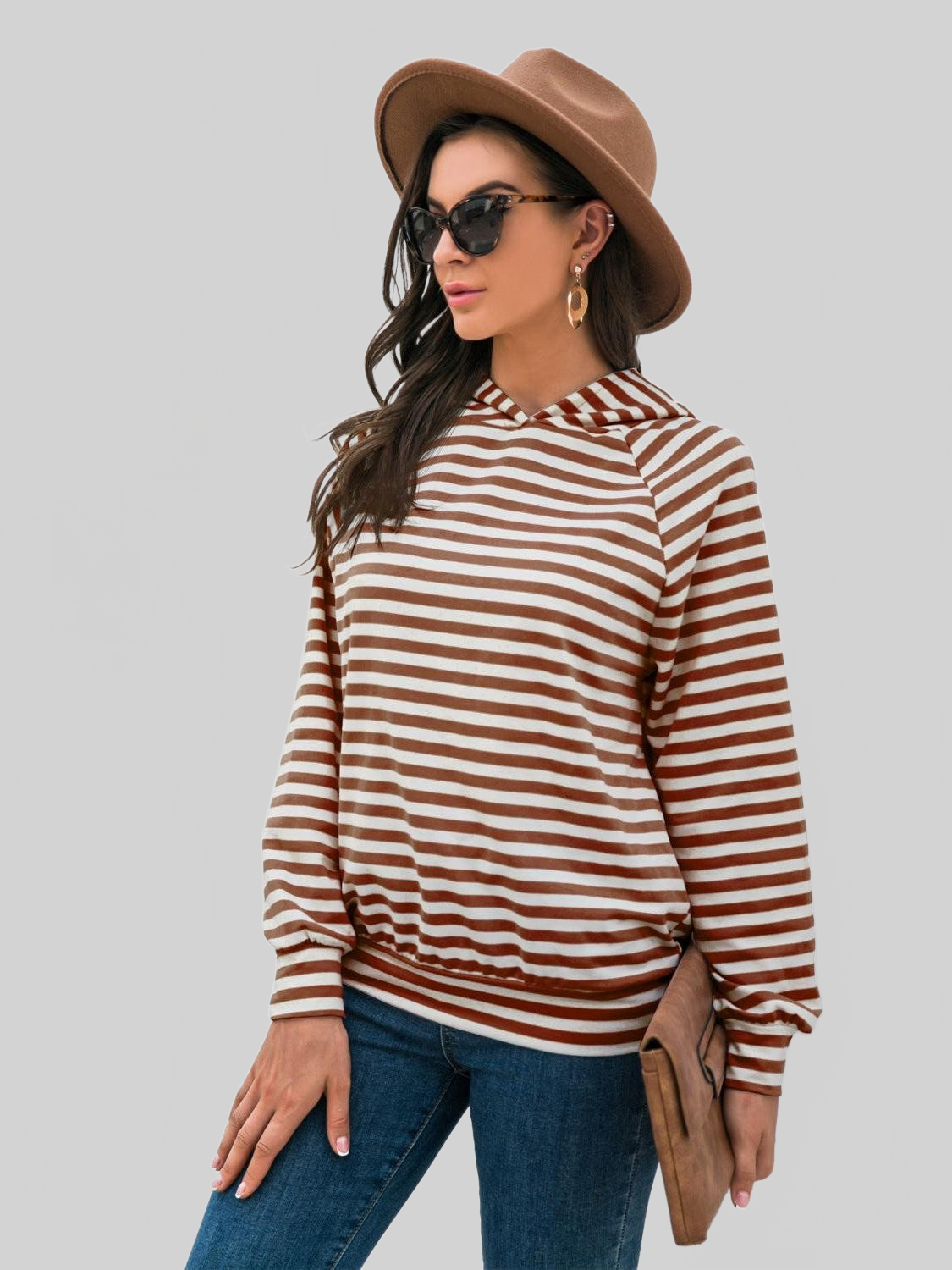 Women Horizontal Stripe Raglan Sleeve Hoodie nicholesgifts