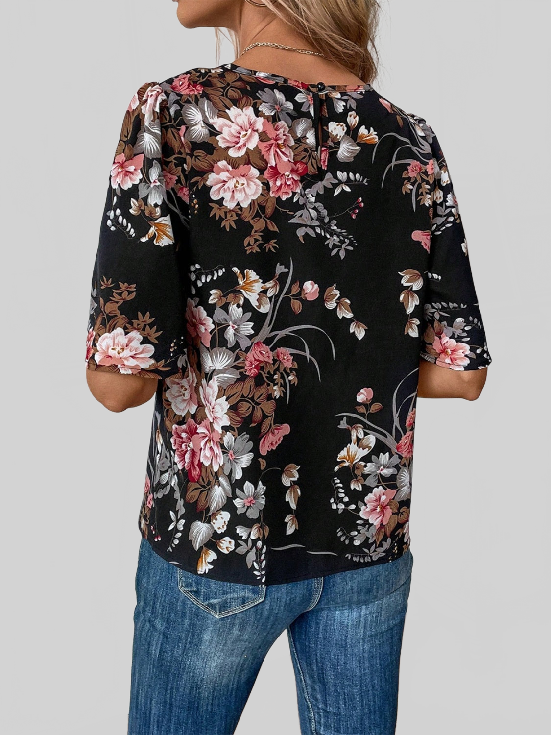 Floral Round Neck Half Sleeve Blouse nicholesgifts