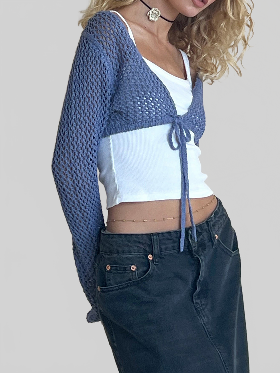 NicholesGifts Women Openwork Tied Dropped Shoulder Cardigan NicholesGifts