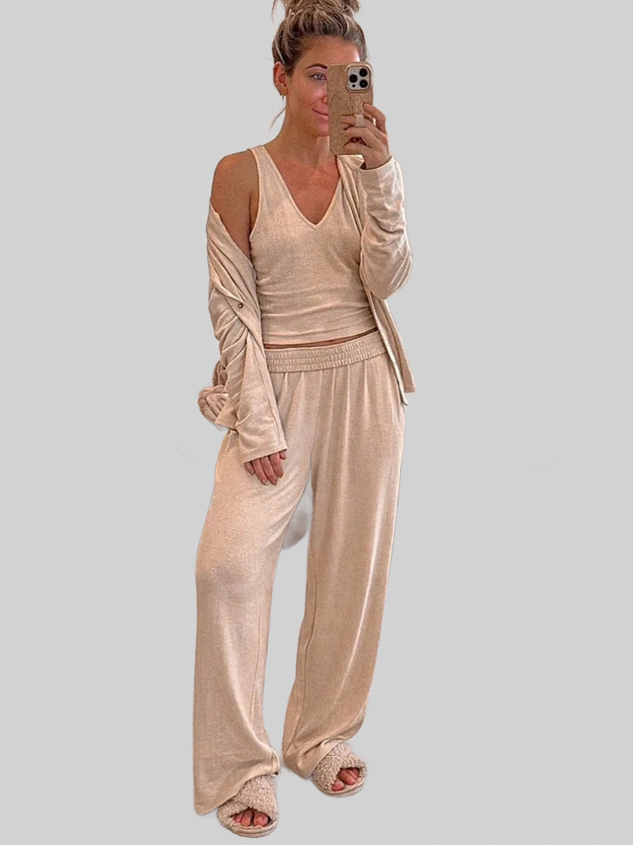 V-Neck Tank, Open Front Cardigan and Pants Lounge Set nicholesgifts