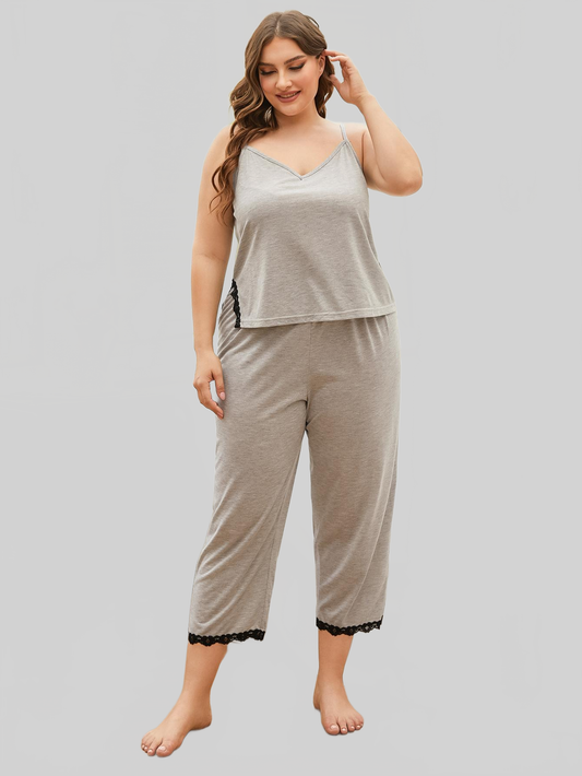 Plus Size Lace Trim Slit Cami and Pants Pajama Set nicholesgifts