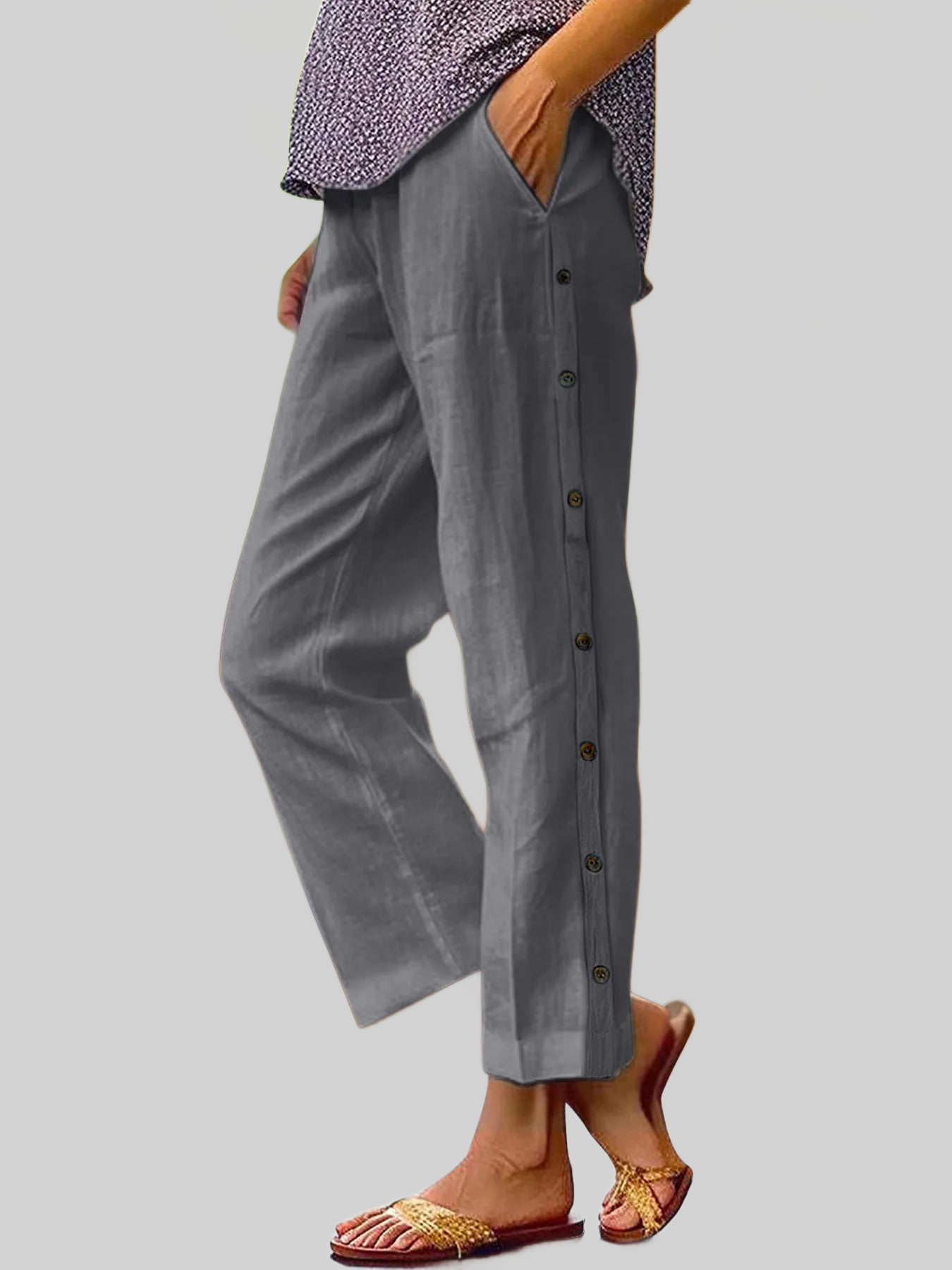 Women Full Size Side Decor Button Casual Wide Leg Pants Plus Size nicholesgifts