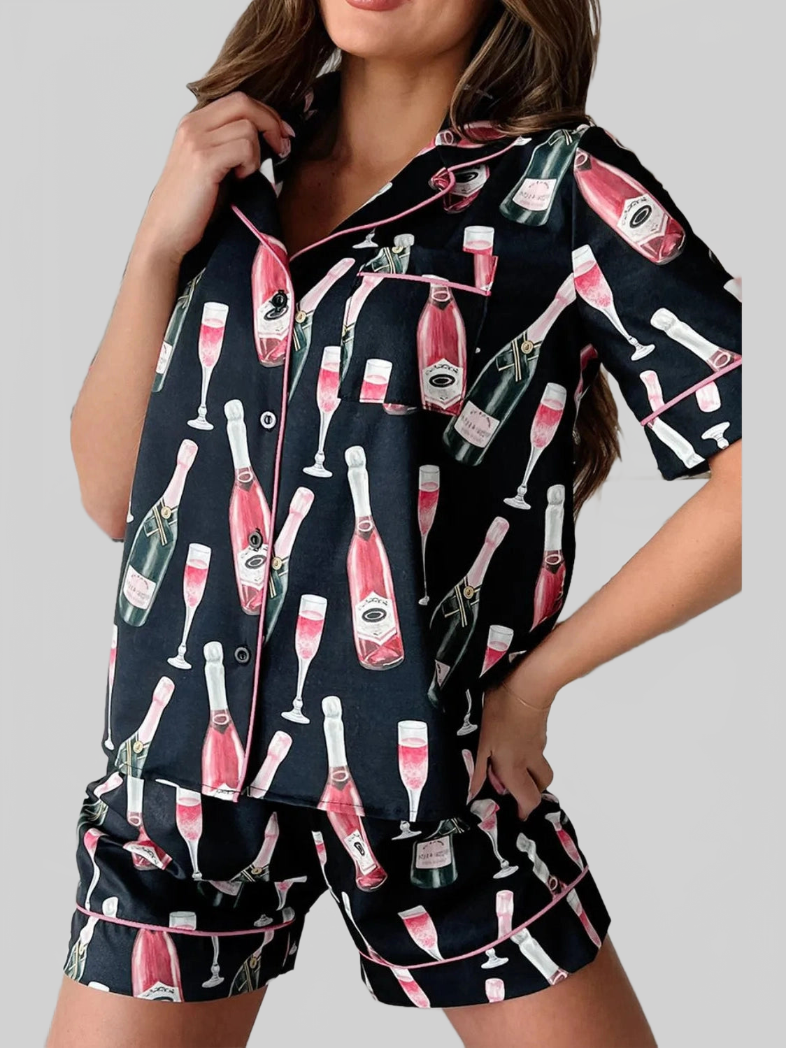 Champagne Print Short Sleeve Top and Shorts Set nicholesgifts