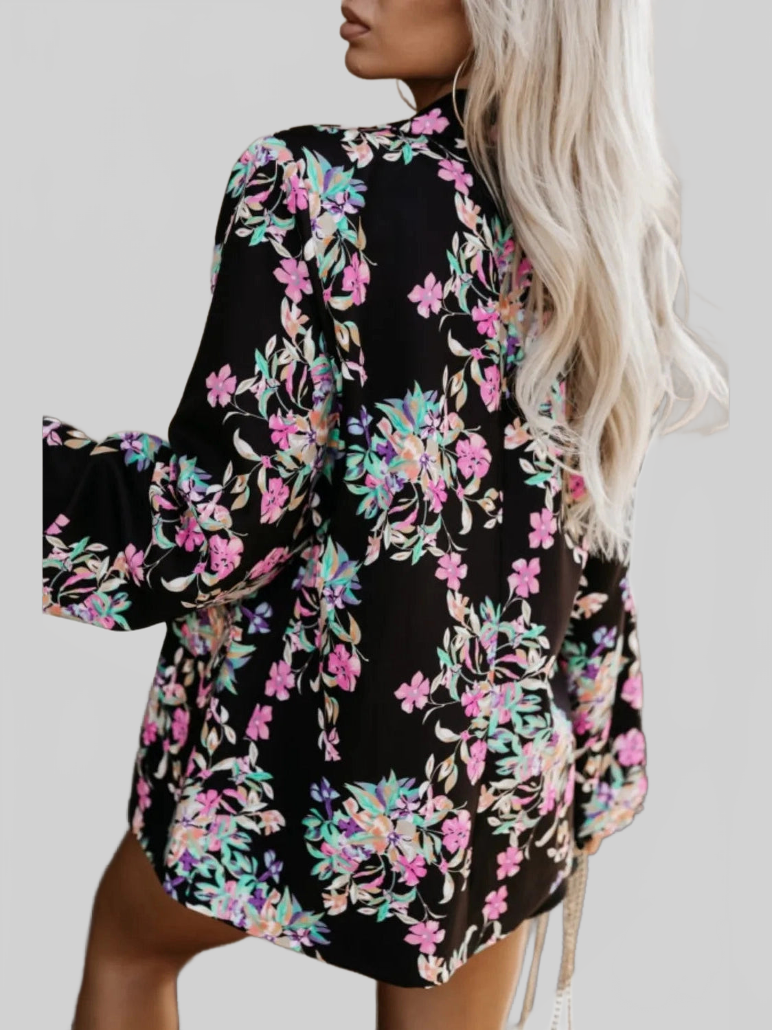 Tied Printed Collared Neck Long Sleeve Jacket nicholesgifts
