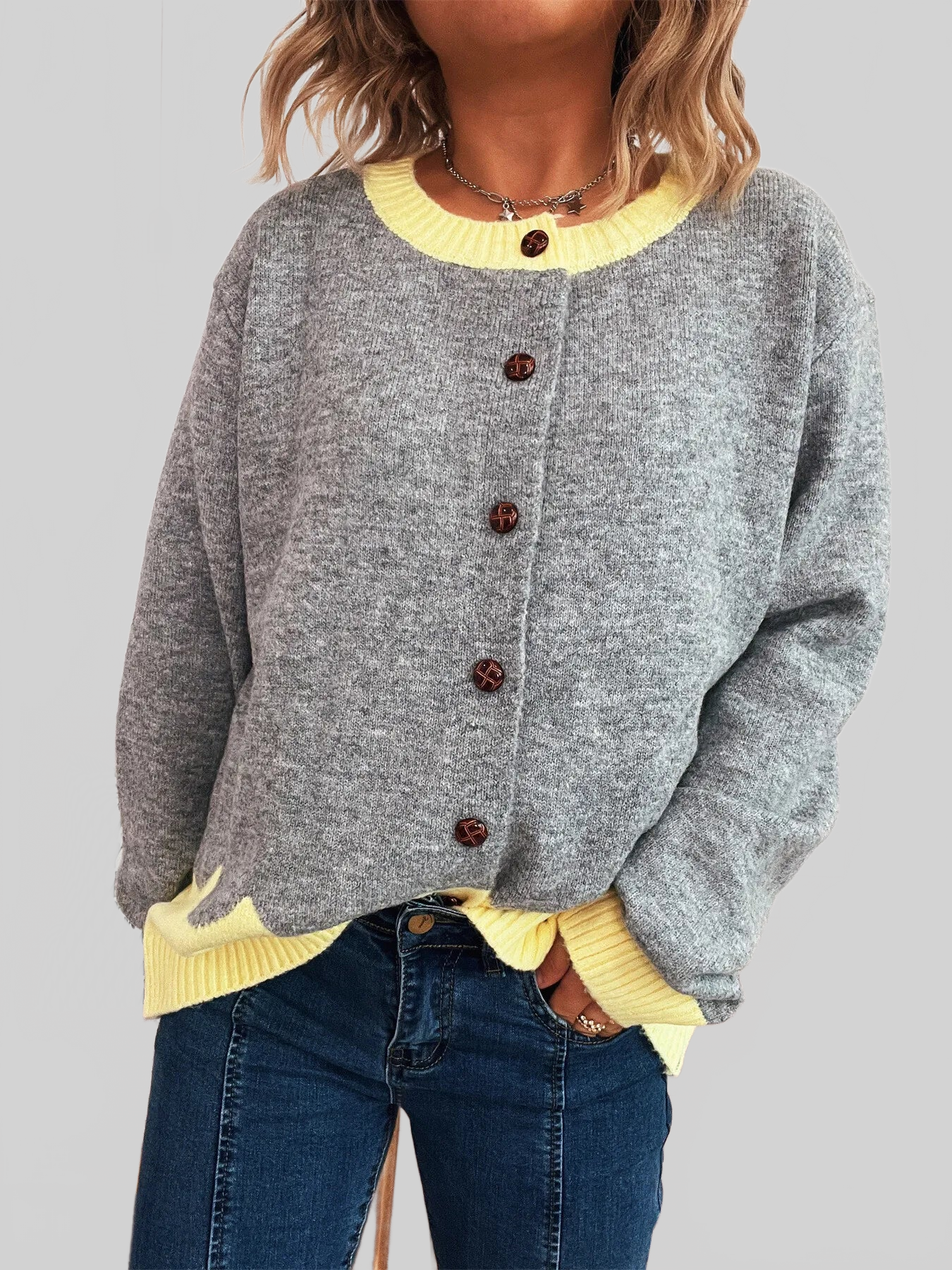 Button-Front Contrast Trim Cardigan nicholesgifts