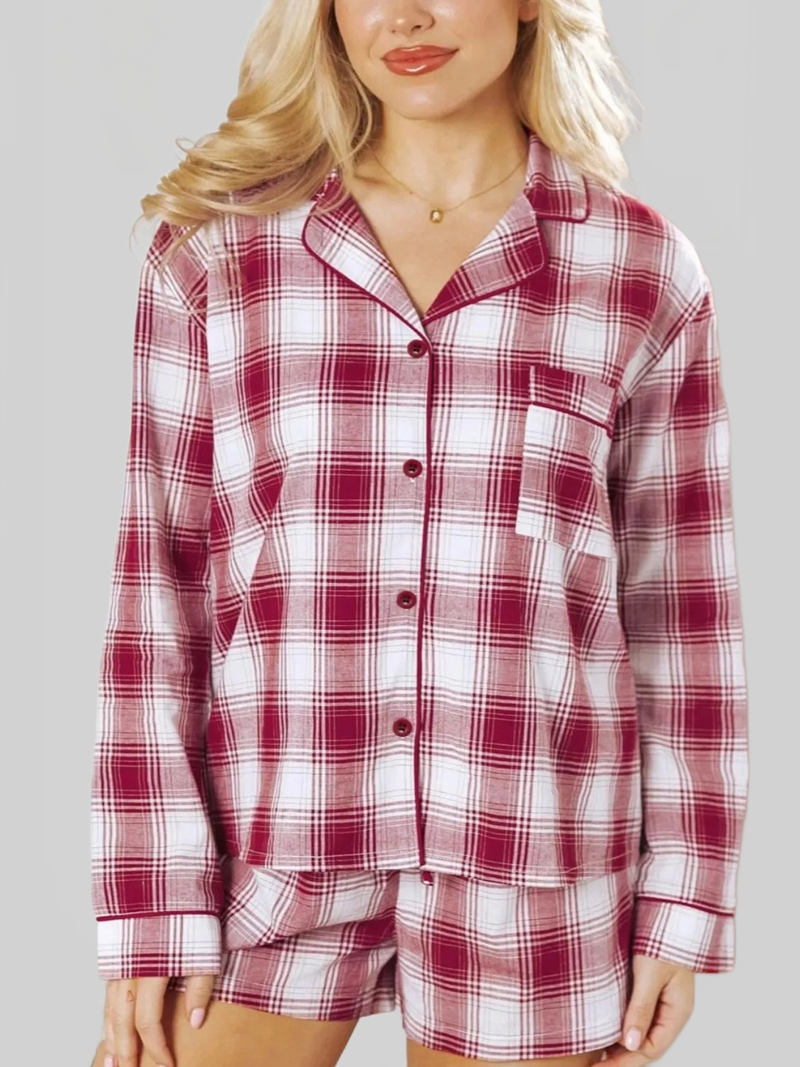 Plaid Long Sleeve Shirt and Drawstring Shorts Lounge Set nicholesgifts
