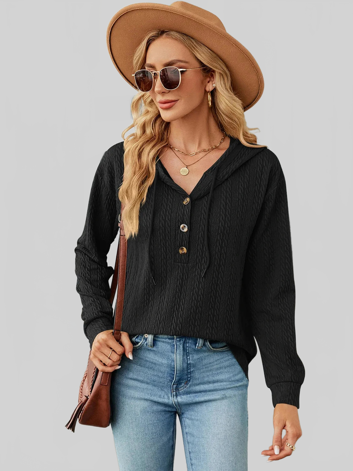 Drawstring Half Button Long Sleeve Hoodie nicholesgifts