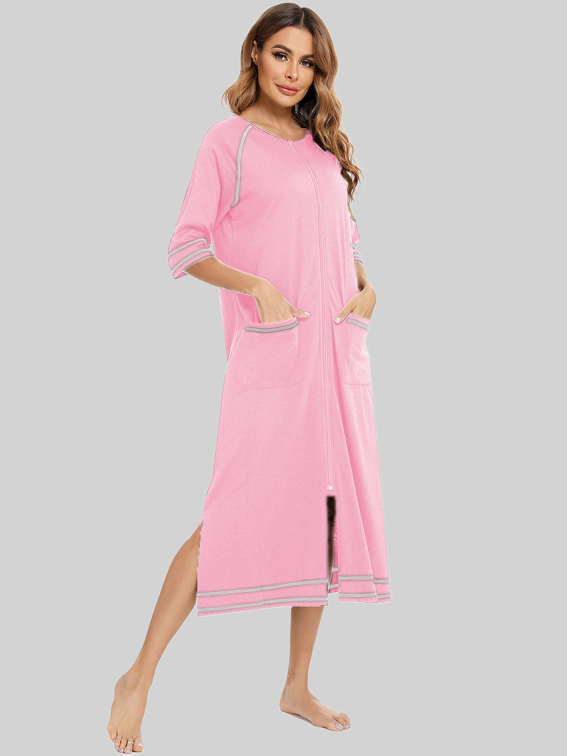 Zip Up Slit Round Neck Night Dress with Pockets nicholesgifts