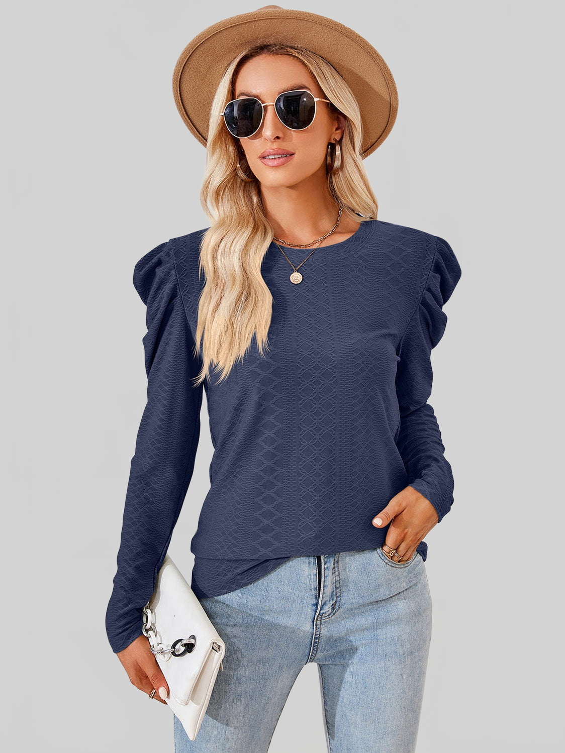 Women Round Neck Puff Long Sleeve Blouse nicholesgifts