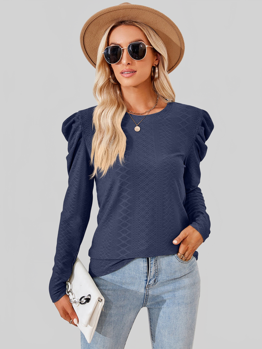 Women Round Neck Puff Long Sleeve Blouse nicholesgifts