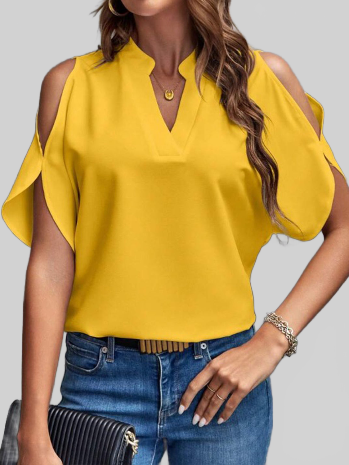 Notched Cold Shoulder Half Sleeve Blouse nicholesgifts