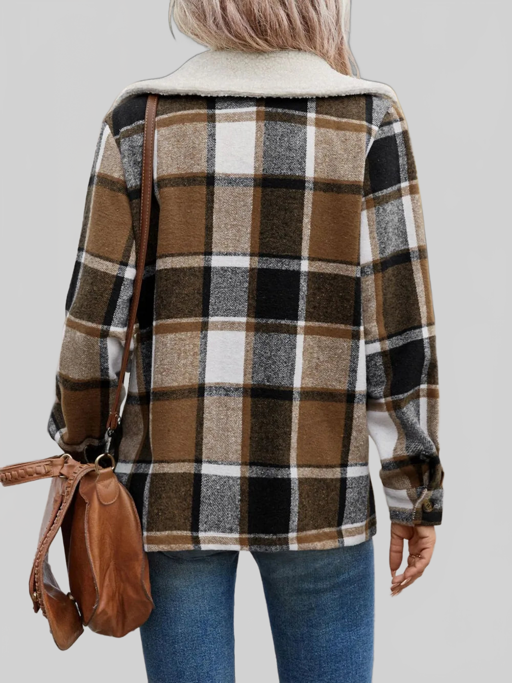 Perfee Pocketed Plaid Button Up Collared Neck Jacket nicholesgifts
