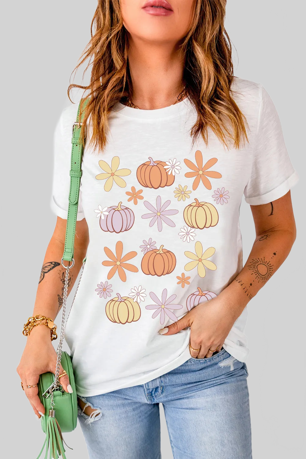 Pumpkin & Flower Round Neck Short Sleeve T-Shirt nicholesgifts