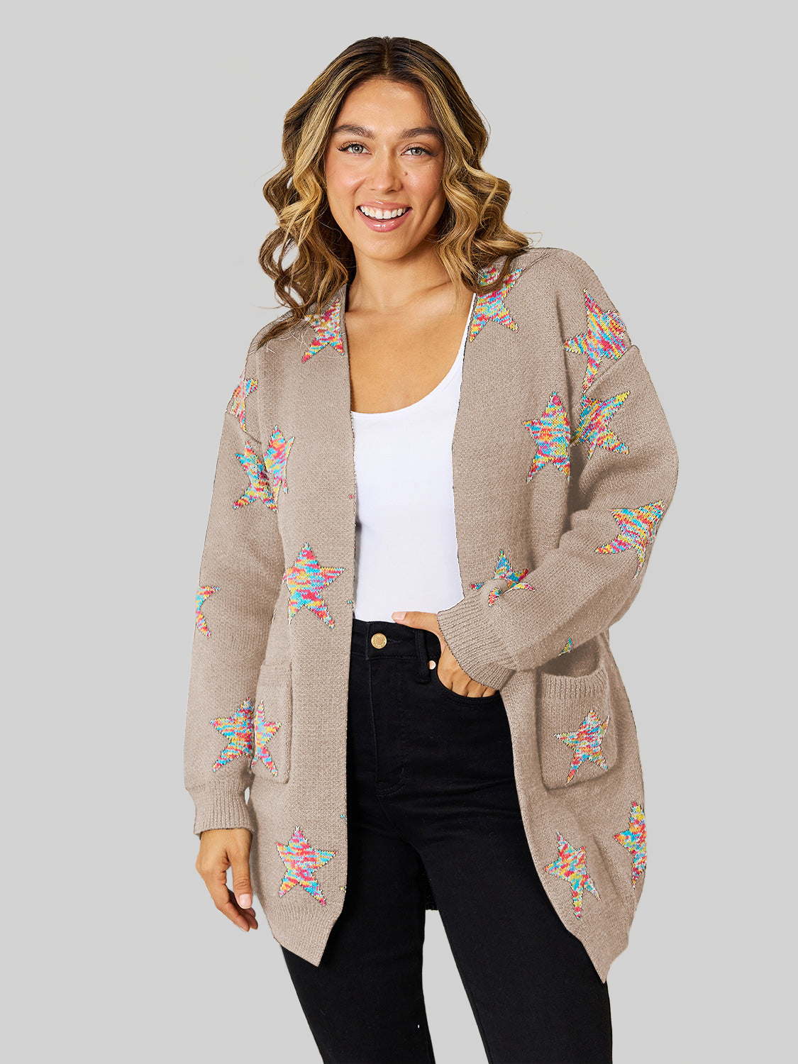 Women Angel Wings Star Pattern Open Front Cardigan with Pockets nicholesgifts