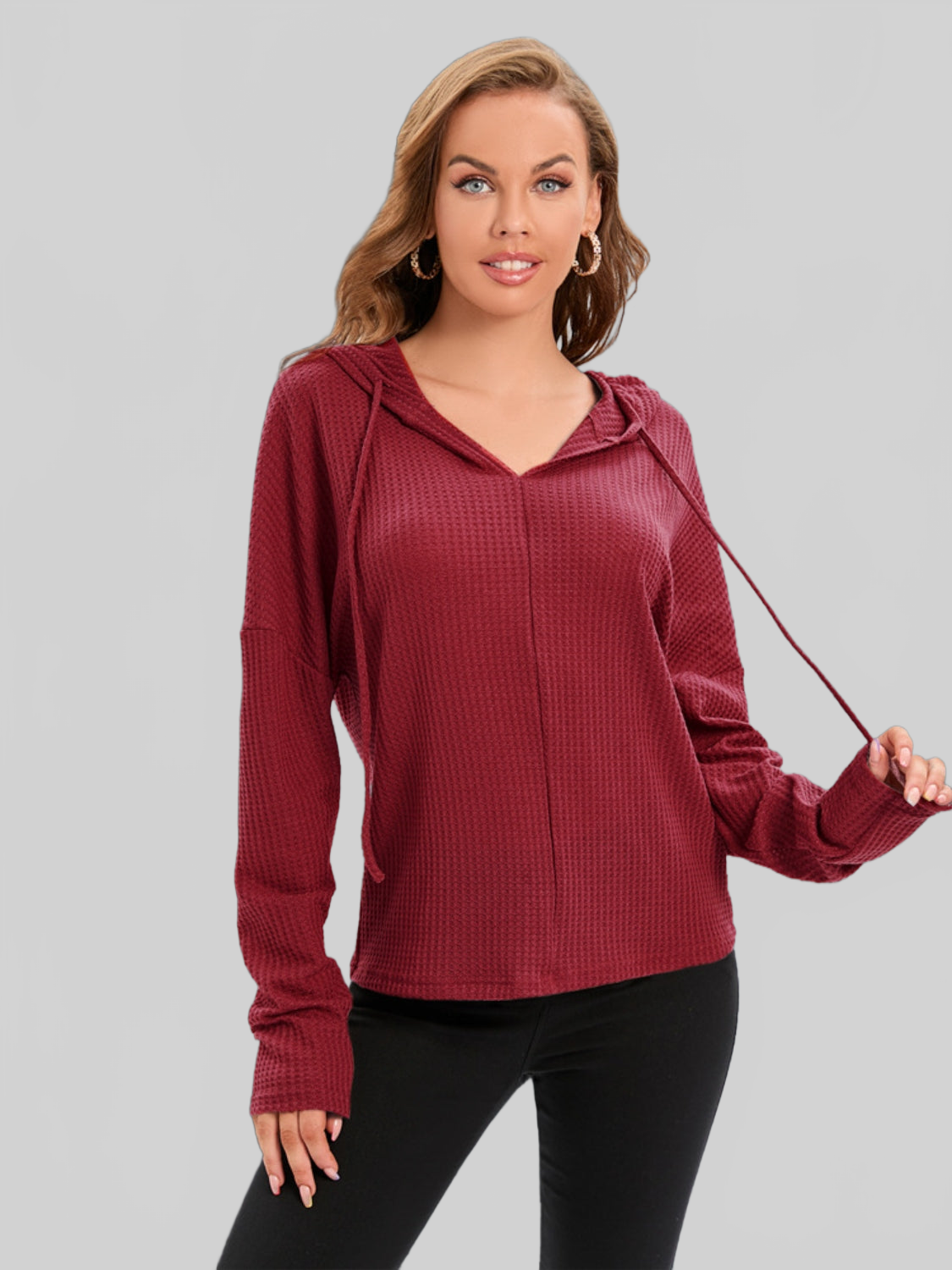 Waffle-Knit Drawstring Drop Shoulder Hoodie NicholesGifts