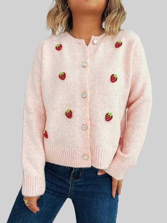 Strawberry Button Up Long Sleeve Cardigan nicholesgifts