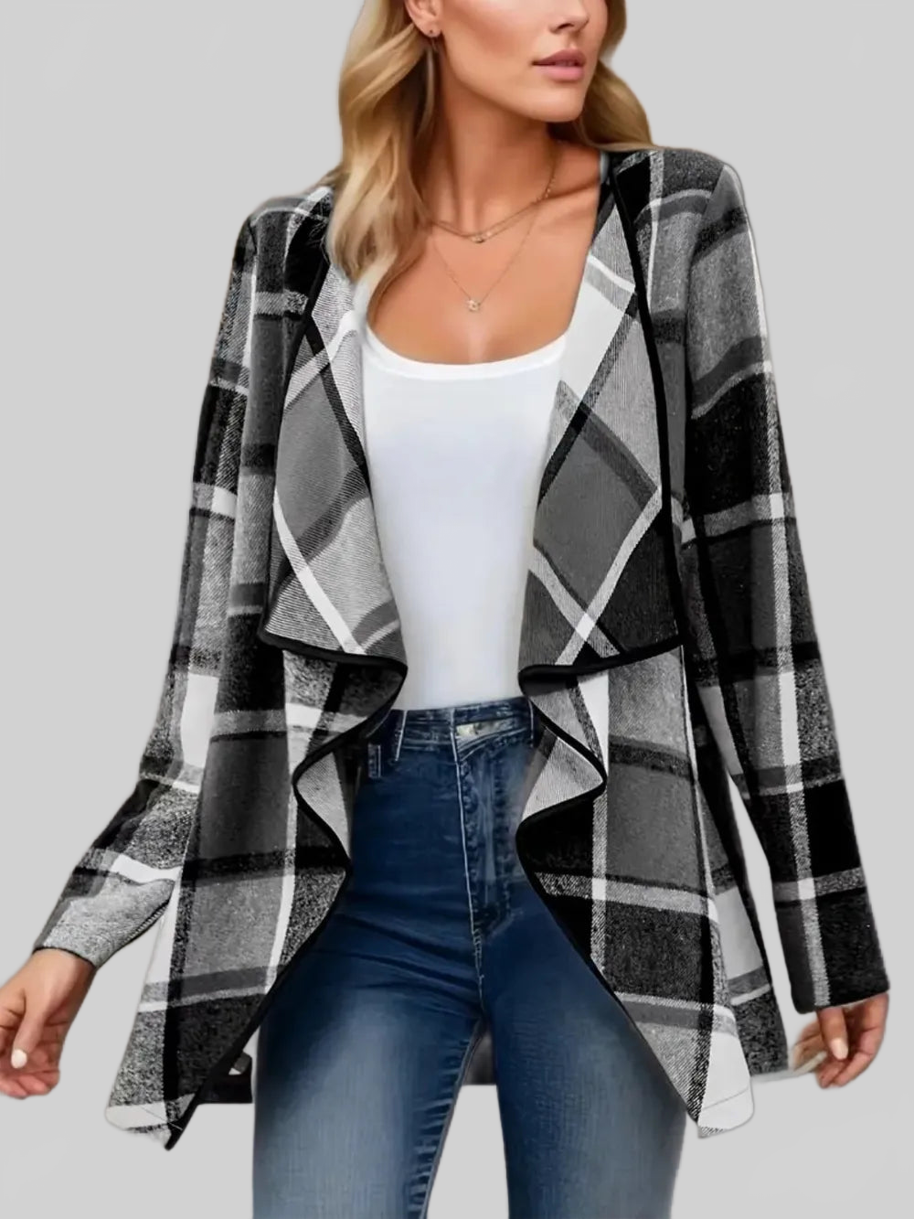 Plaid Open Front Long Sleeve Jacket nicholesgifts