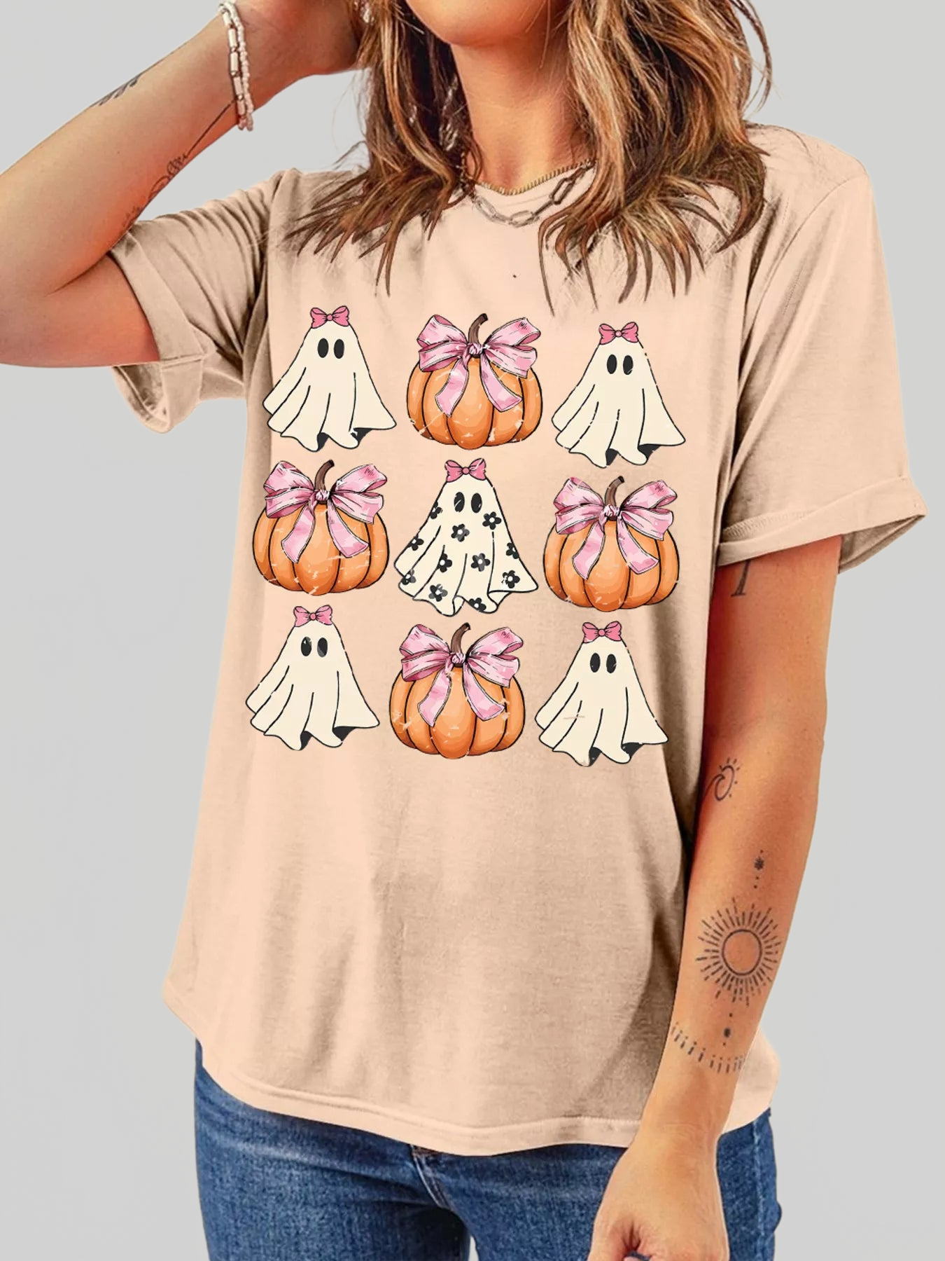 Women Halloween Bowknot Ghost Pumpkin Graphic T Shirt nicholesgifts
