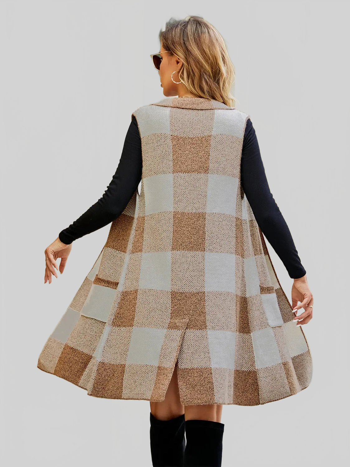 Women Plaid Open Front Sleeveless Cardigan with Pockets nicholesgifts