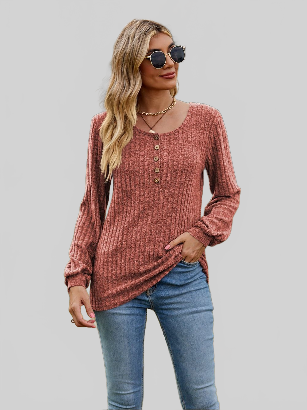 Women Round Neck Button-Down Long Sleeve Tee NicholesGifts