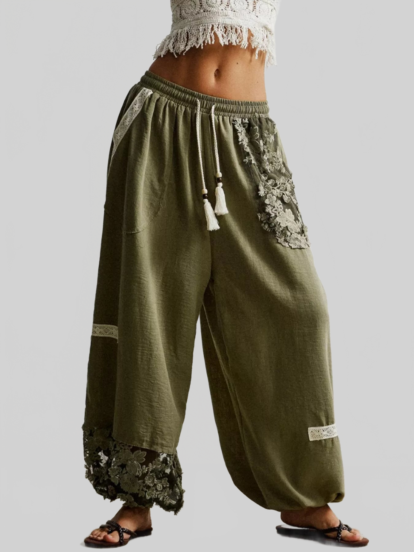 Women Lace Detail Drawstring Harem Pants nicholesgifts