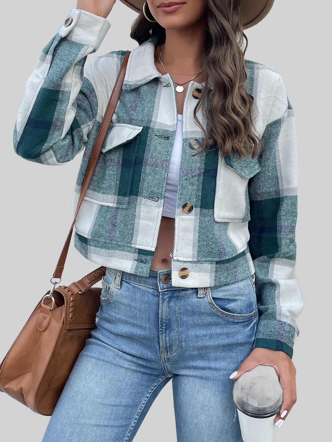 Perfee Plaid Button Up Drop Shoulder Cropped Jacket NicholesGifts