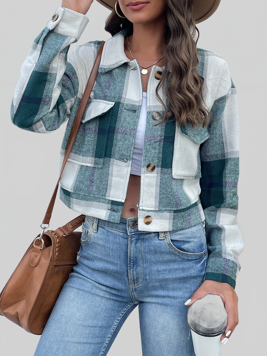 Perfee Plaid Button Up Drop Shoulder Cropped Jacket NicholesGifts