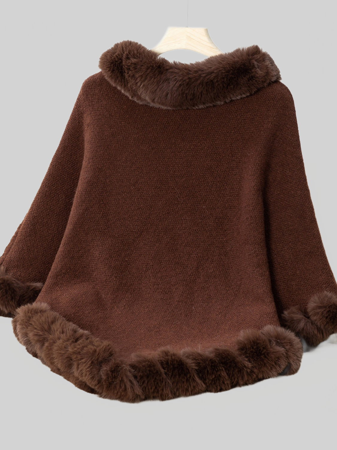 Women Fuzzy Trim Texture Three-Quarter Sleeve Poncho nicholesgifts